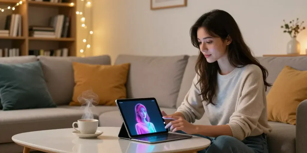 A woman interacting with her digital girlfriend AI on a tablet in a cozy living room.