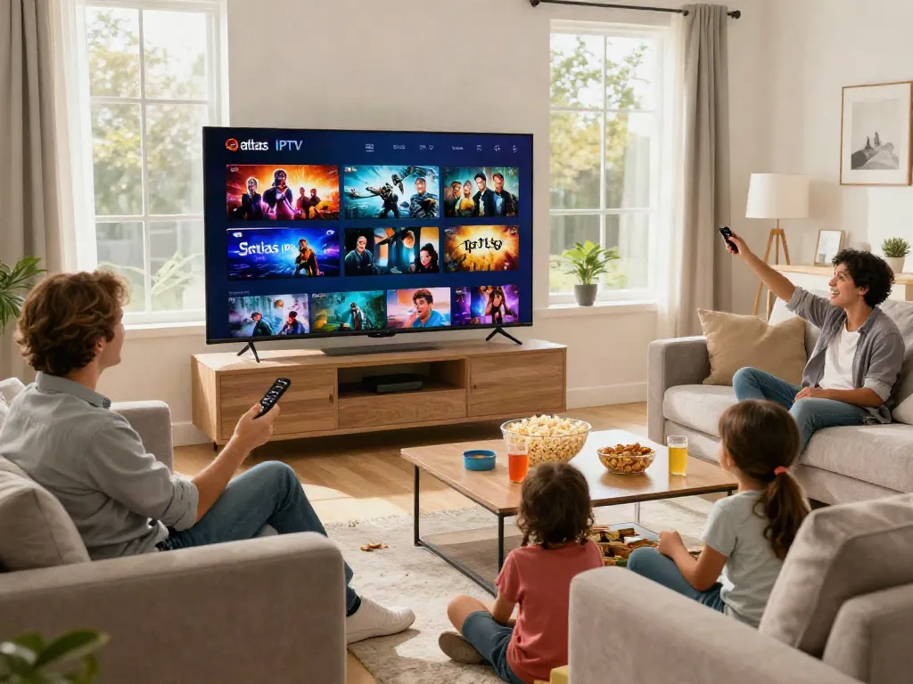 Une famille utilisant Atlas Iptv dans un salon moderne et chaleureux.