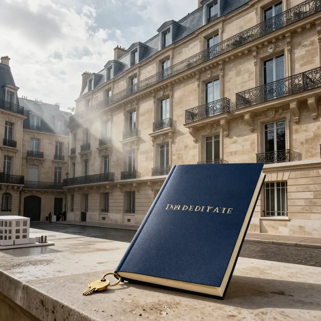 Façade haussmannienne de copropriété, dossier fermé, clé en laiton et maquette sur pierre mouillée.
