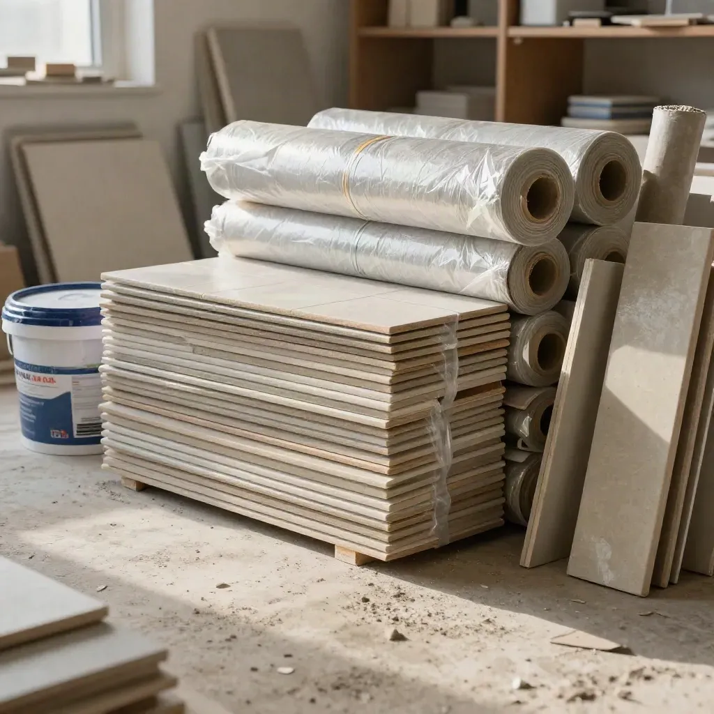 Réserve de travaux en atelier d’immeuble avec tuiles, seaux et rouleaux d’étanchéité.