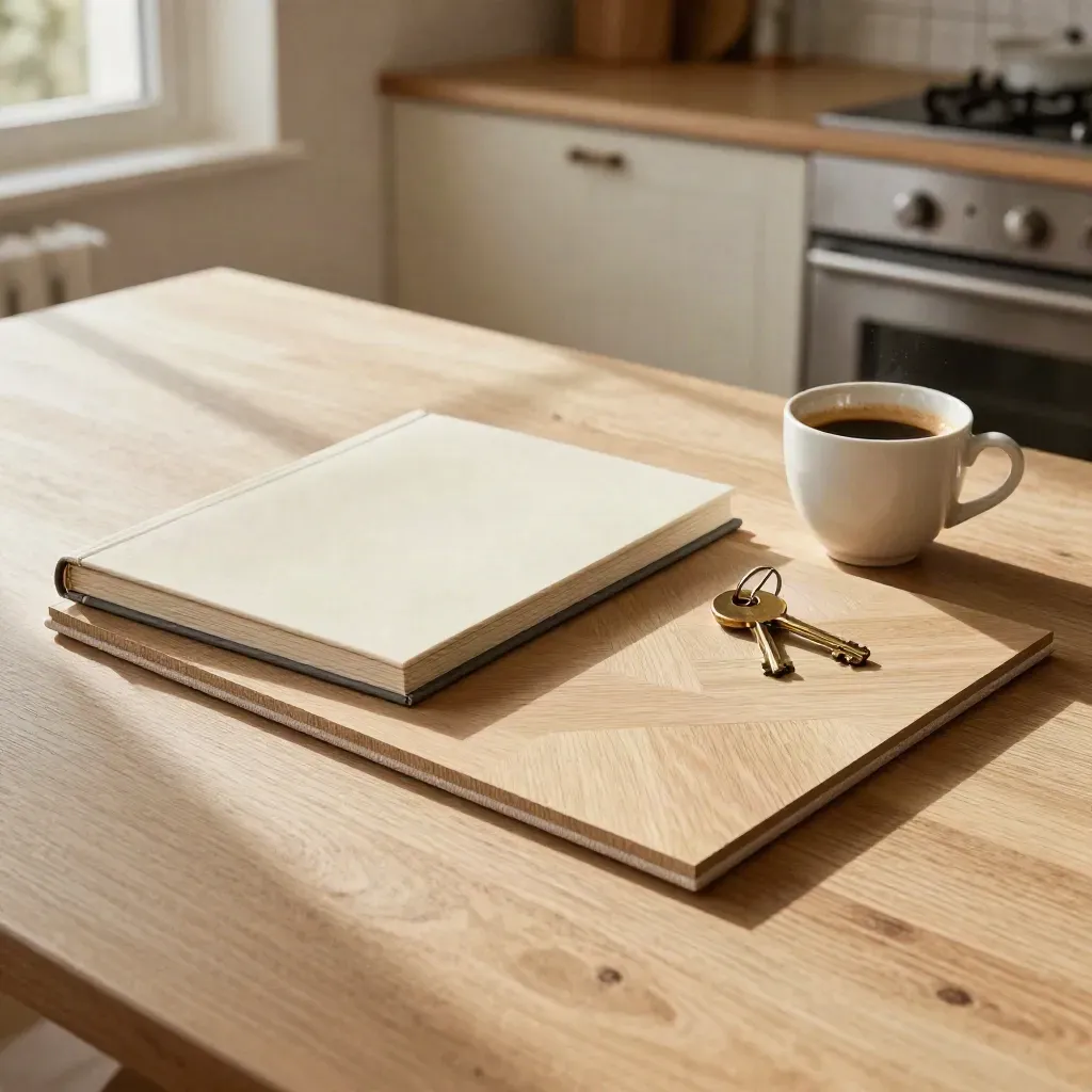 Sur une table de cuisine, un dossier de copropriété, un café, une clé et un échantillon de parquet.
