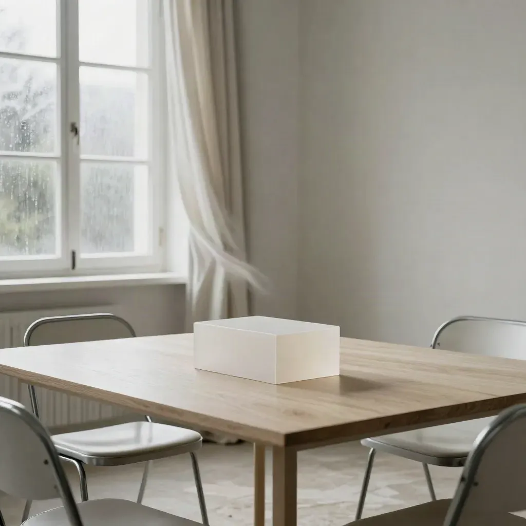 Salle de copropriété vide, urne de vote fermée et rideau déplacé par une fenêtre ouverte.