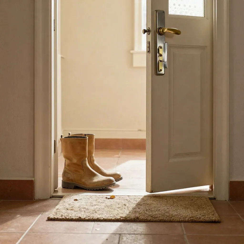 Entrée d’appartement, boîte à clés, paillasson neutre, serrure et bottes au seuil, lumière d’automne.
