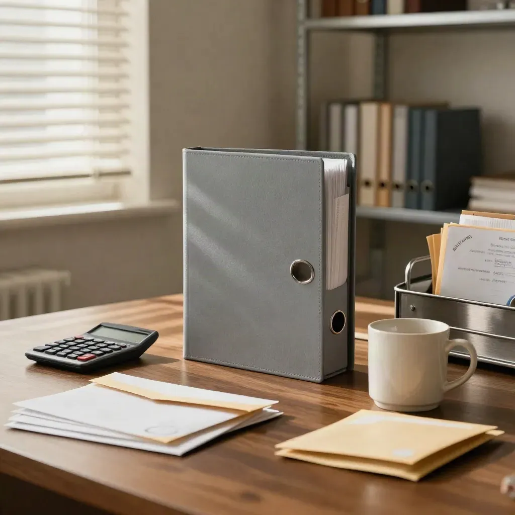 Bureau de copropriété avec classeur fermé, calculatrice, courrier scellé et tasse en céramique