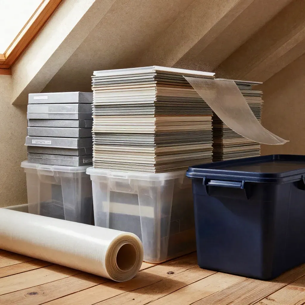 Grenier technique avec bacs plastiques, cartons d’archives, rouleaux de membrane et panneaux de rechange.
