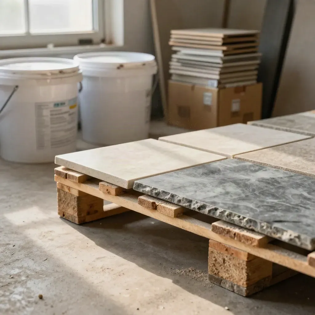 Réserve sèche en contre-plongée basse avec seaux scellés, carreaux, cartons de joints et palette.