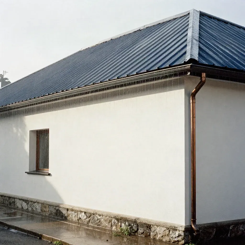 Façade crayeuse et toiture en zinc sous la pluie, vue latérale monumentale depuis le pied de l’immeuble.
