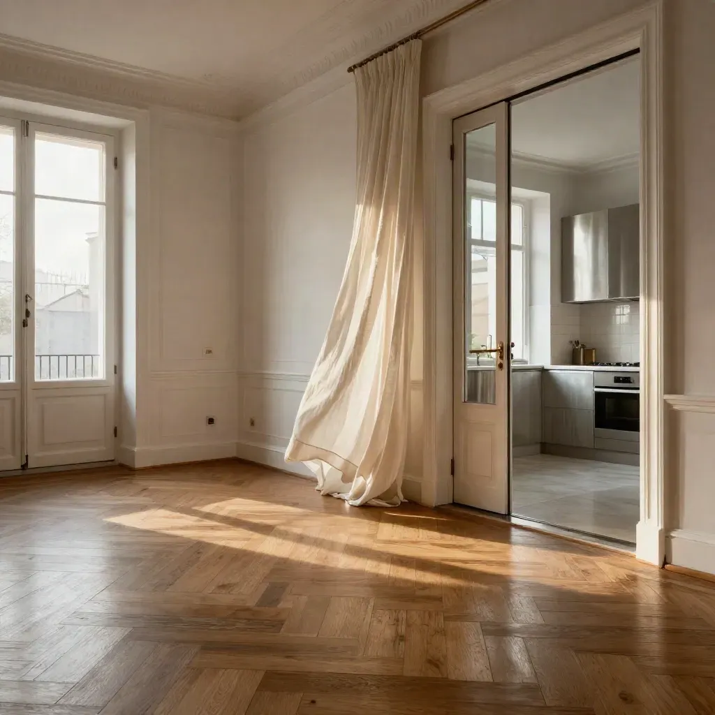 Séjour ancien avec parquet, moulures et porte ouverte vers la cuisine, lumière du soir.