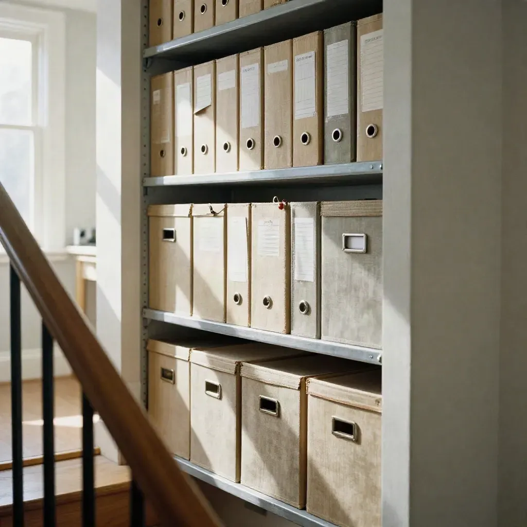Étagère d’archives d’entretien sur palier, classeurs usés, boîtes neutres et ferrures métalliques.