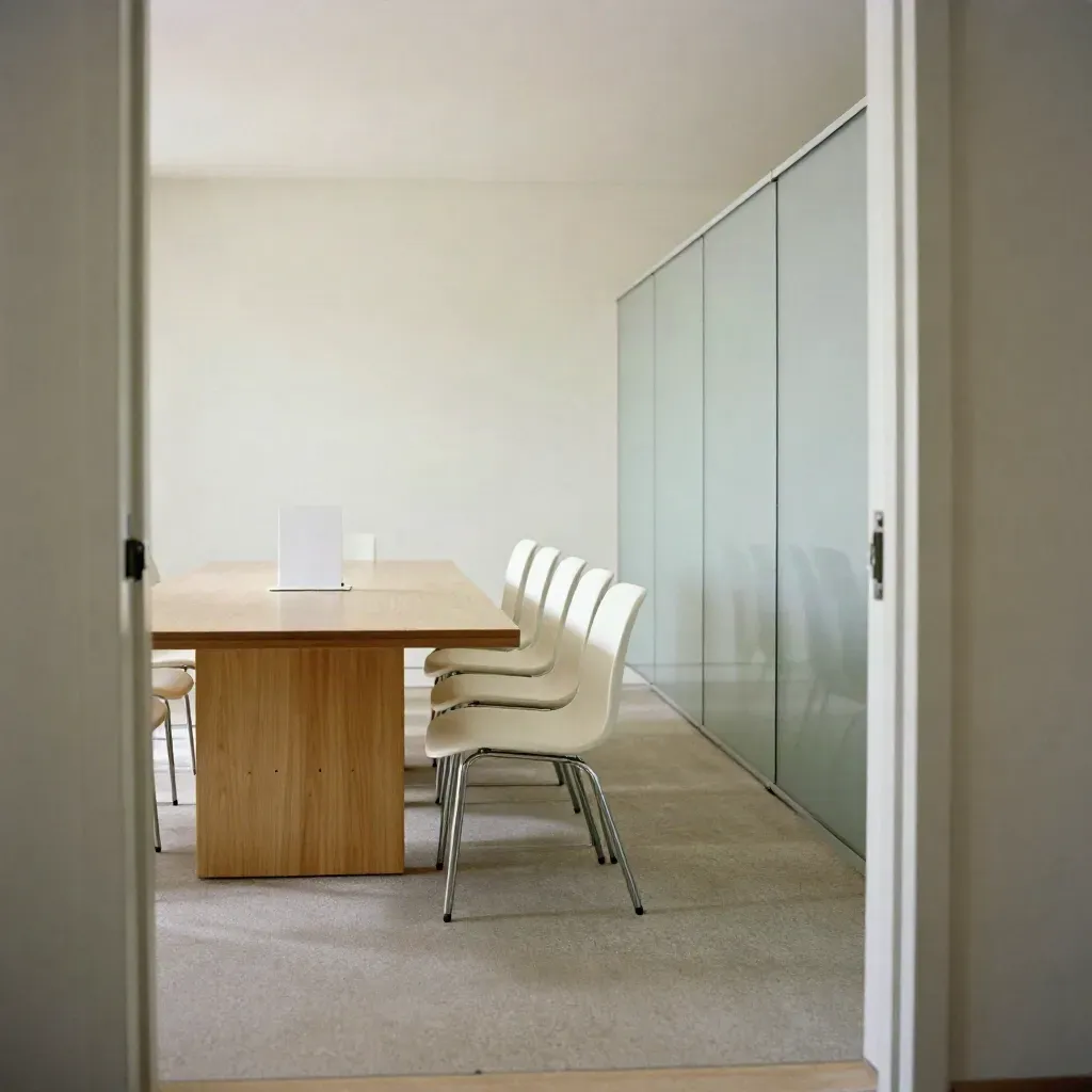 Salle de copropriété vide, urne blanche fermée, chaises alignées, lumière latérale douce.