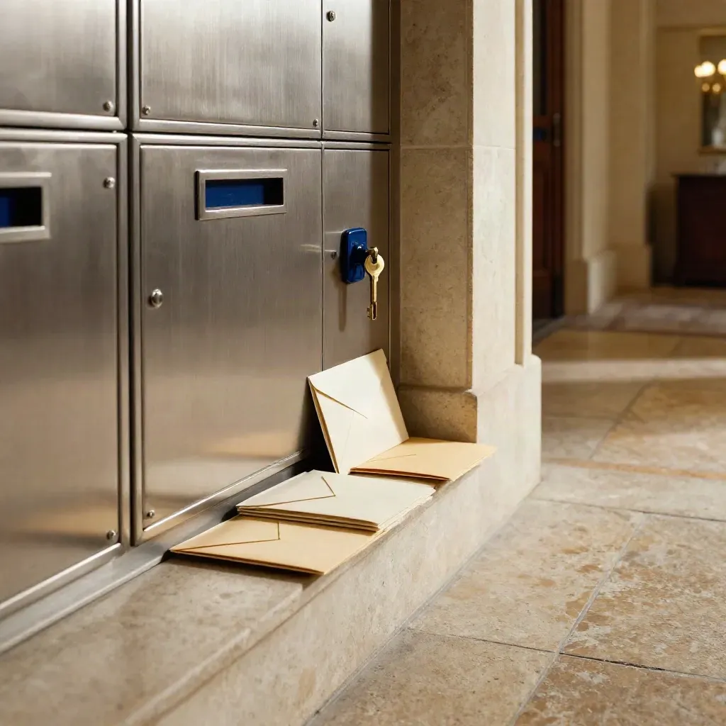 Boîtes aux lettres en métal avec enveloppes neutres et clé de hall dans une entrée d’immeuble.