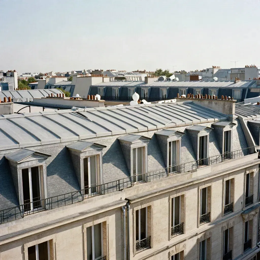 Vue depuis un toit sur des copropriétés parisiennes aux toits en zinc et balcons de pierre.