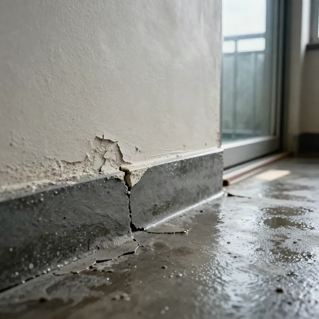 Mur de cave humide avec salpêtre, joints fissurés et seuil de balcon flou au fond.