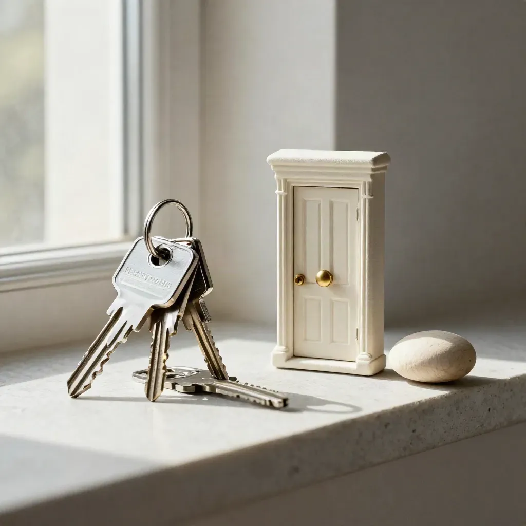Clés plates, maquette de porte et galet en bois sur pierre, lumière douce du matin.
