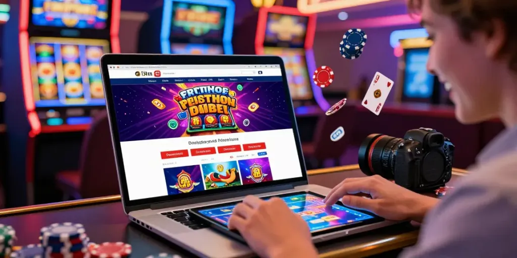 Personne jouant sur un ordinateur portable dans un casino virtuel, affichant Casino Gratuit sans dépôt.