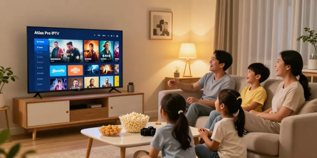 Une famille profitant de l'application atlas pro iptv pour une soirée cinéma à la maison.