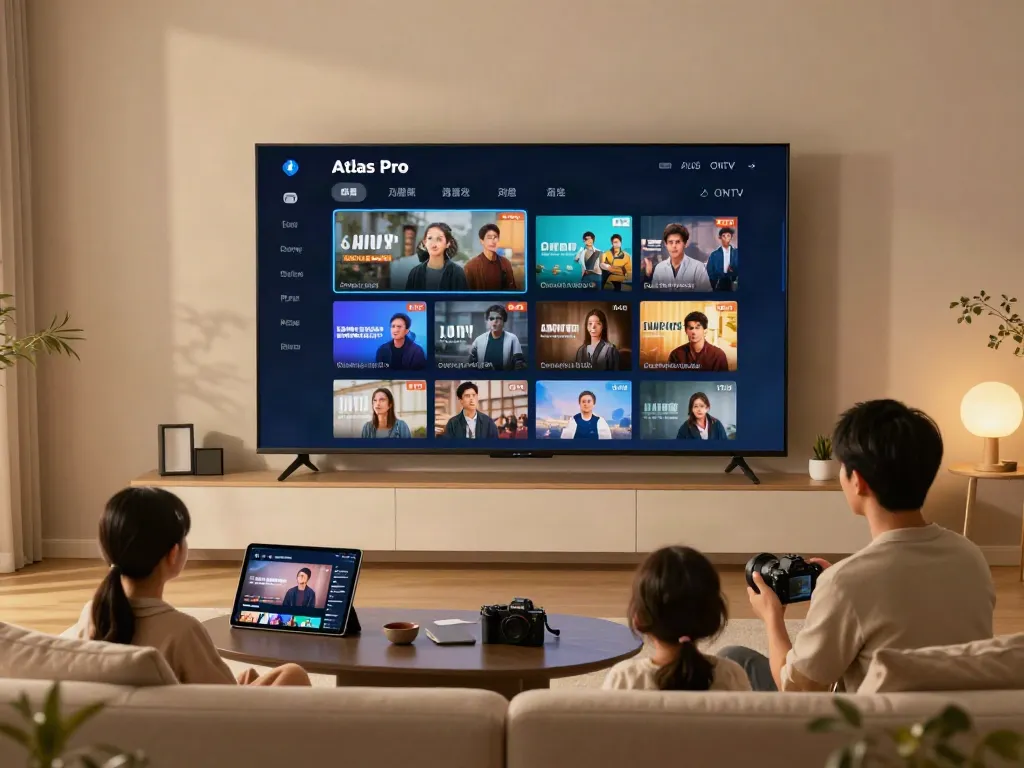 La famille profitant des services de divertissement d'Atlas Pro ONTV dans un salon moderne.